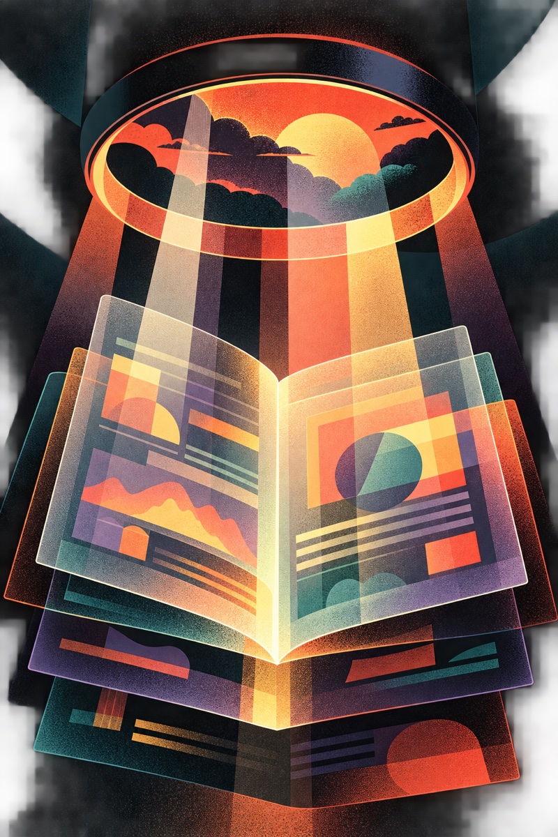 An illuminated open rulebook beneath a transparent viewing window