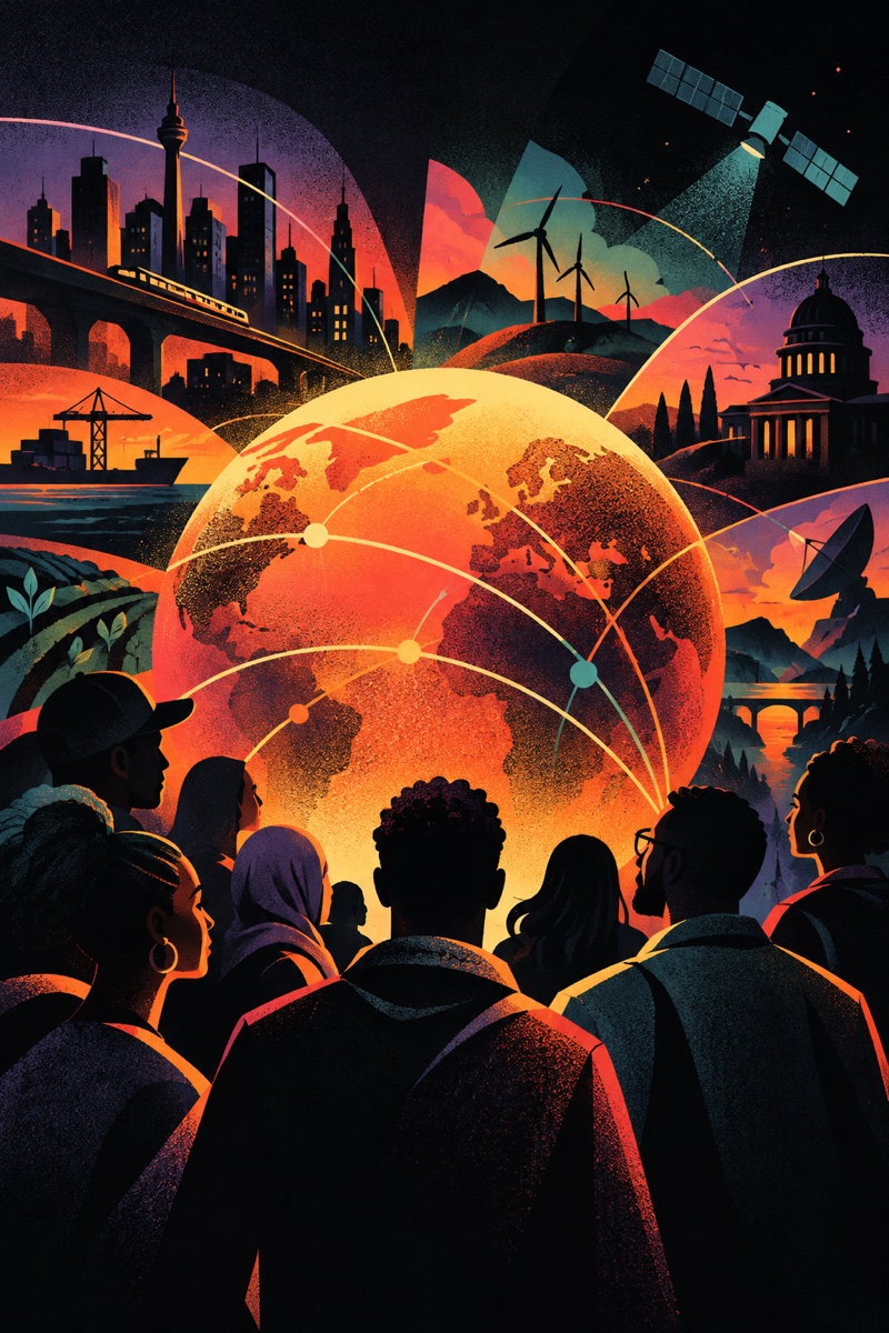People gathered around a connected world of cities, energy, and technology