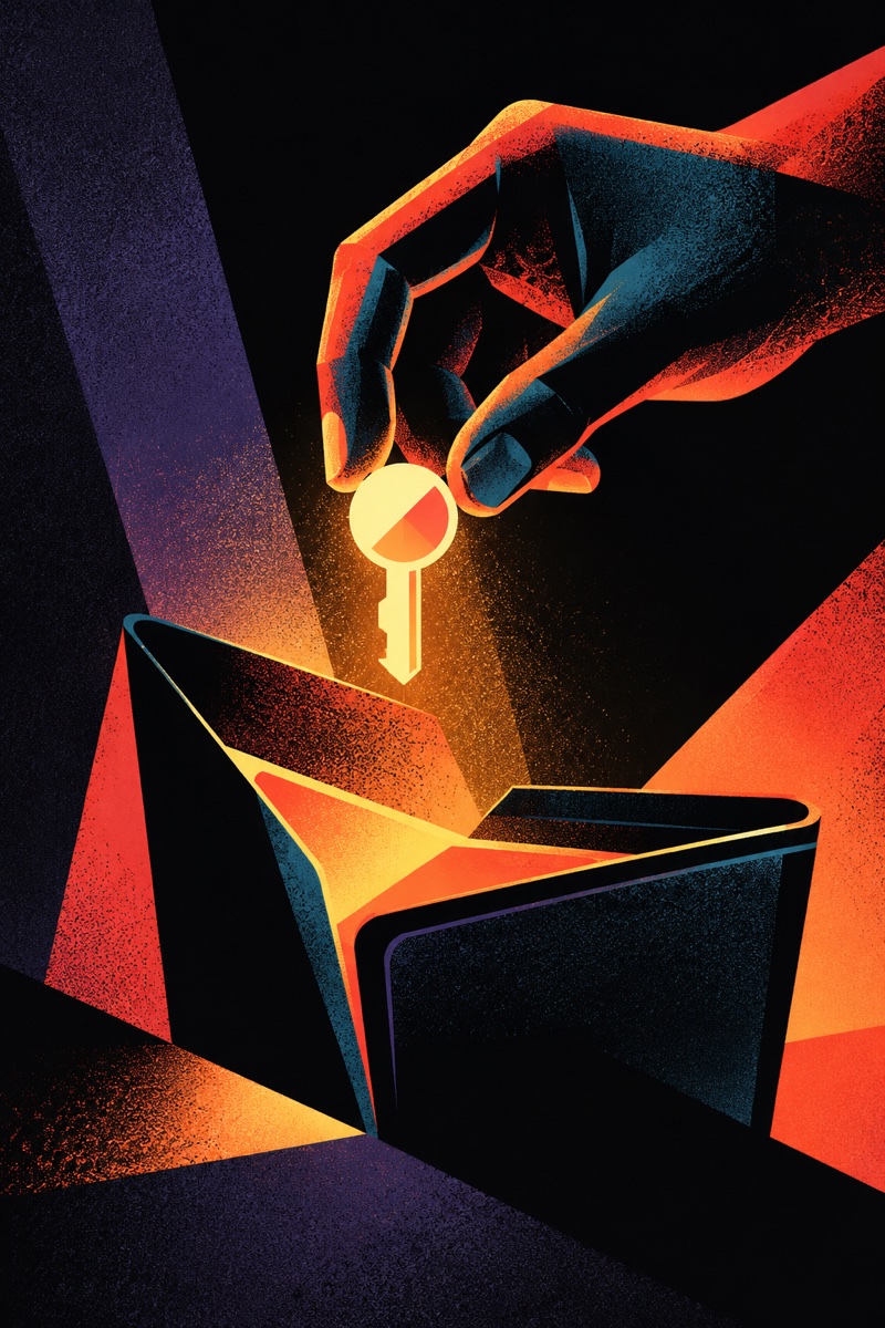 A hand holding a glowing key above an open wallet